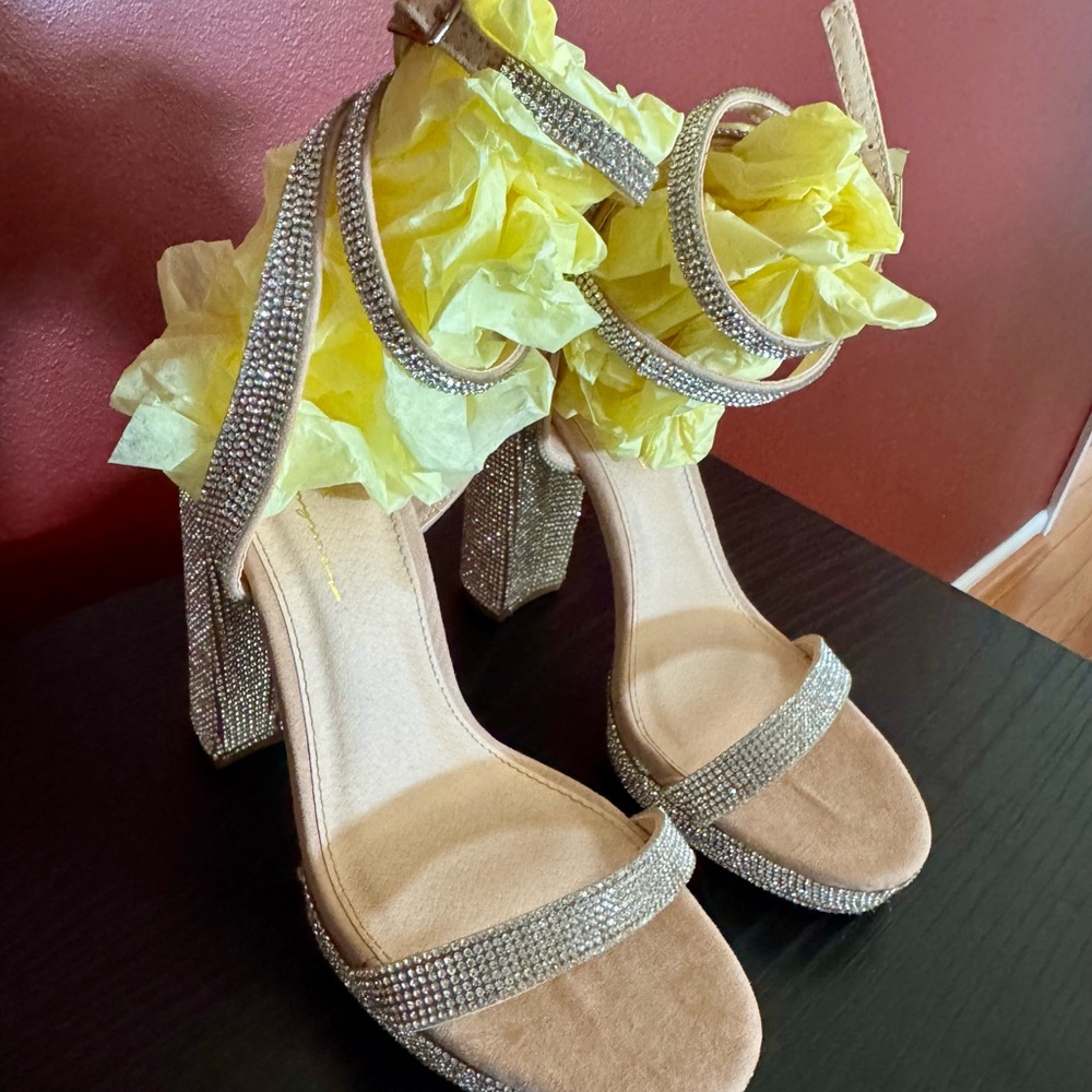 Elegant Rhinestone-Embellished Tan Heels